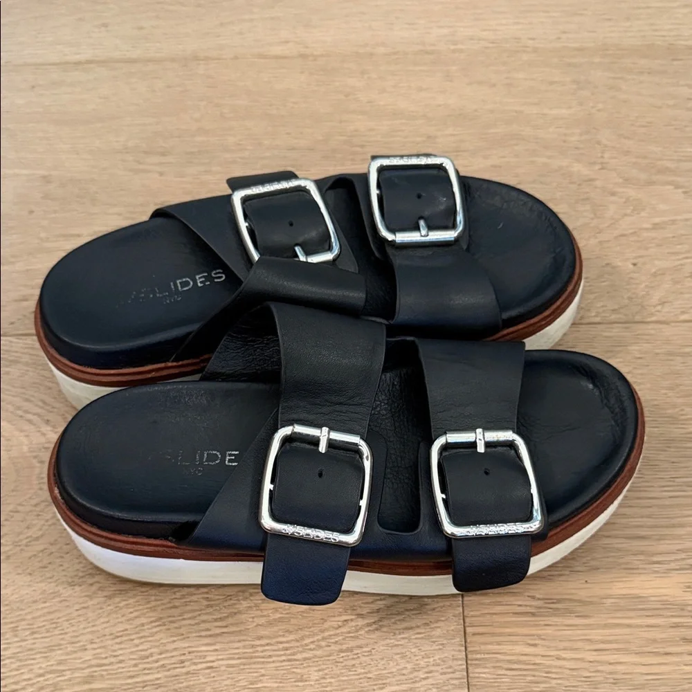 J Slides Black Sandals with Silver Buckles - Picture 2 of 6
